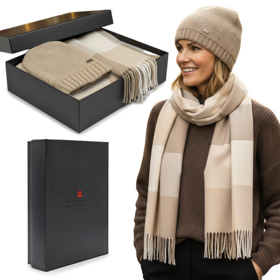 Komplet damski CZAPKA SZALIK Zestaw na Prezent dla Niej w Pudełku Beżowy - Pakojeans.pl