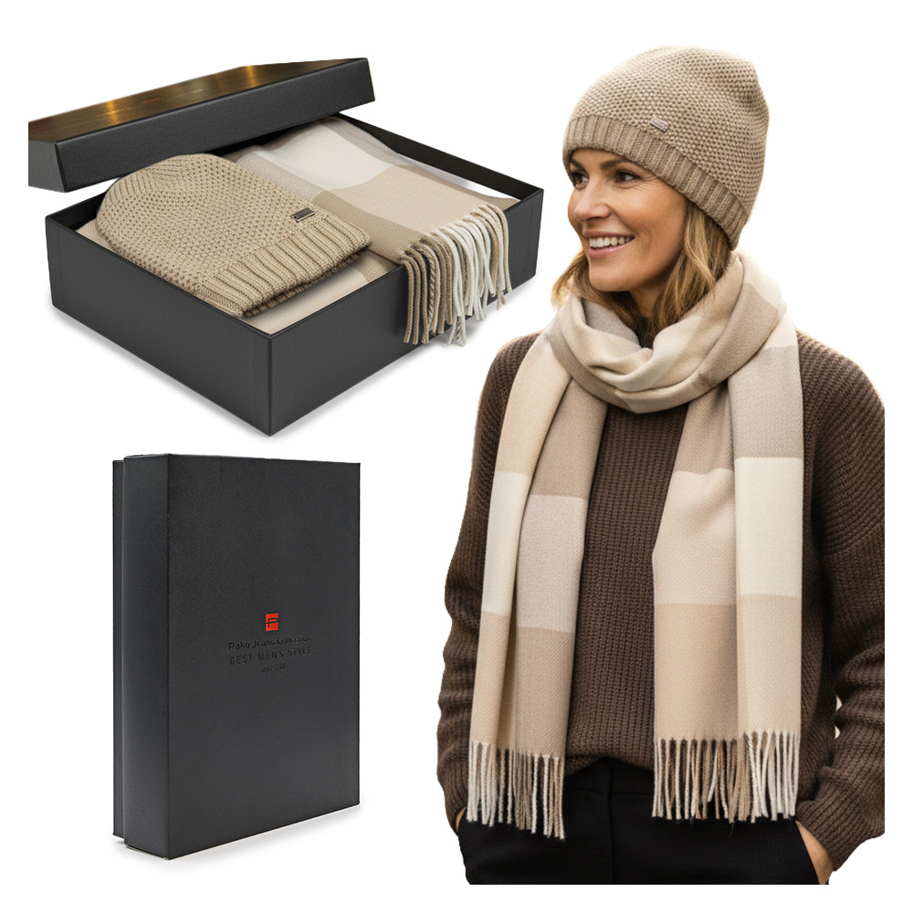 Komplet damski CZAPKA SZALIK Zestaw na Prezent dla Niej w Pudełku Beżowy - Pakojeans.pl