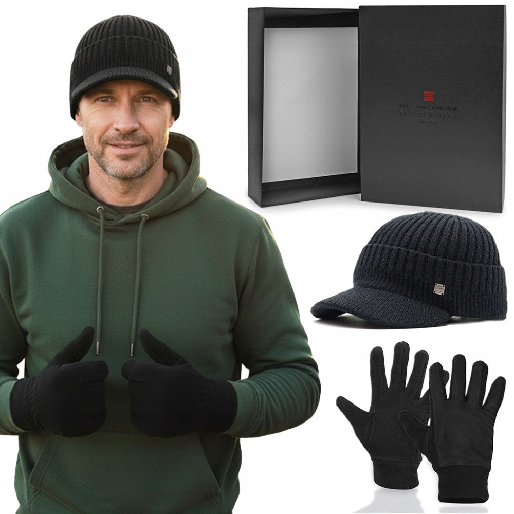 CZAPKA i RĘKAWICZKI Polarowe Zestaw Dla Niego CZARNY w Pudełku Pako Jeans - Pakojeans.pl