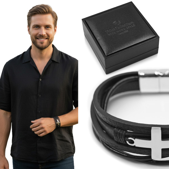 Bransoletka Męska Skórzana Pleciona Czarna M.1 w Pudełku na Prezent Pako Jeans - Pakojeans.pl