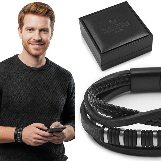Bransoletka Męska Skórzana Pleciona Czarna M.2 w Pudełku na Prezent Pako Jeans - Pakojeans.pl