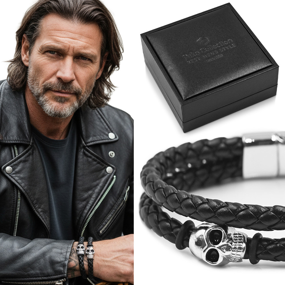 Bransoletka Męska Skórzana Pleciona Czarna M.4 w Pudełku na Prezent Pako Jeans - Pakojeans.pl