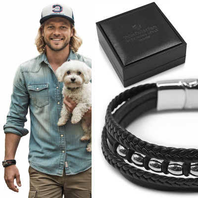 Bransoletka Męska Skórzana Pleciona Czarna M.5 w Pudełku na Prezent Pako Jeans - Pakojeans.pl