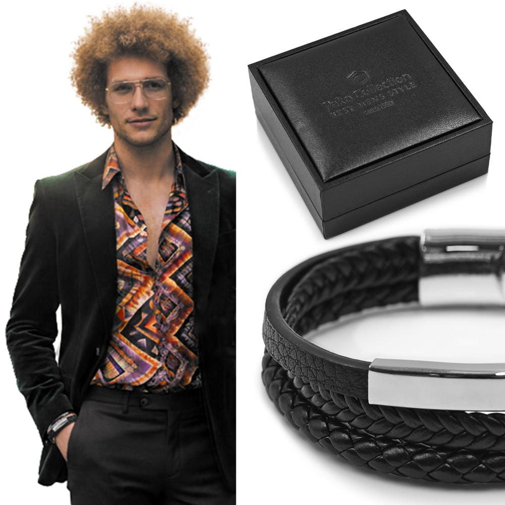 Bransoletka Męska Skórzana Pleciona Czarna M.6 w Pudełku na Prezent Pako Jeans - Pakojeans.pl