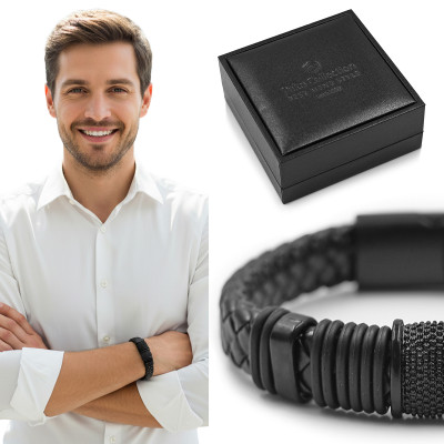 Bransoletka Męska Skórzana Pleciona Czarna M.7 w Pudełku na Prezent Pako Jeans - Pakojeans.pl
