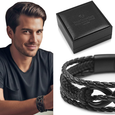 Bransoletka Męska Skórzana Pleciona Czarna M.8 w Pudełku na Prezent Pako Jeans - Pakojeans.pl