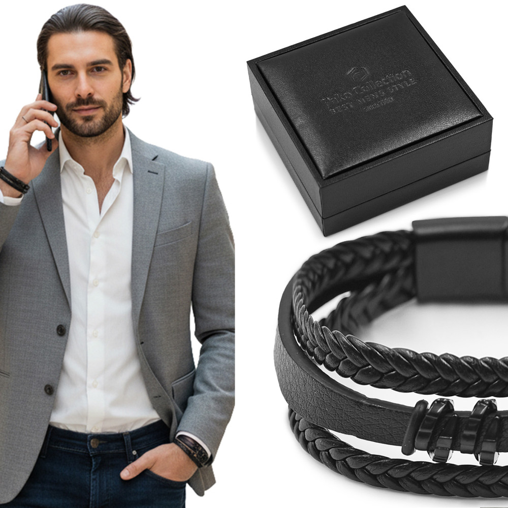 Bransoletka Męska Skórzana Pleciona Czarna M.9 w Pudełku na Prezent Pako Jeans - Pakojeans.pl