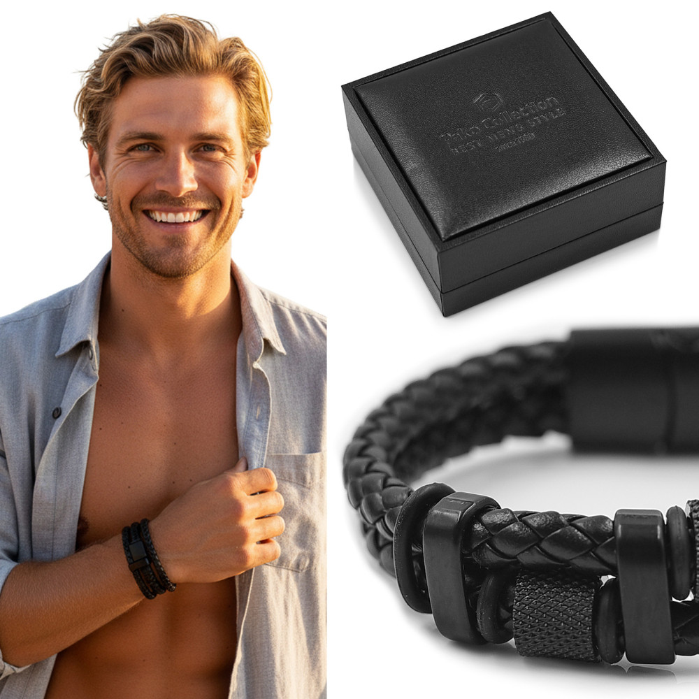 Bransoletka Męska Skórzana Pleciona Czarna M.10 w Pudełku na Prezent Pako Jeans - Pakojeans.pl
