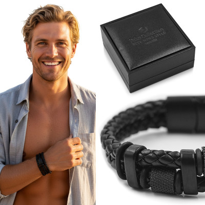 Bransoletka Męska Skórzana Pleciona Czarna M.10 w Pudełku na Prezent Pako Jeans - Pakojeans.pl