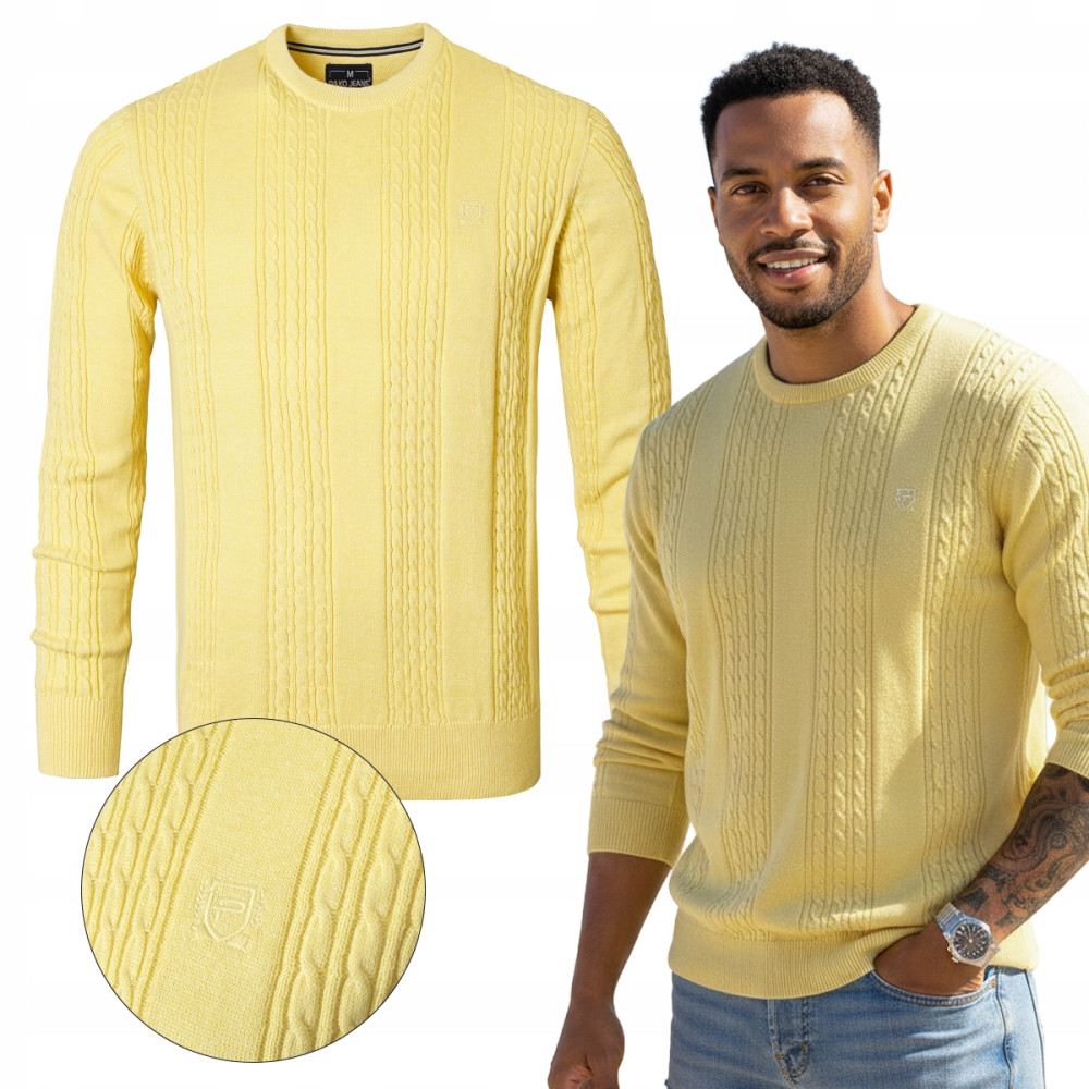 Elegancki SWETER Męski Bawełniany FLINT ŻÓŁTY Warkoczowy Splot Pako Jeans - Pakojeans.pl