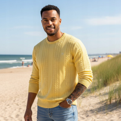 Elegancki SWETER Męski Bawełniany FLINT ŻÓŁTY Warkoczowy Splot Pako Jeans - Pakojeans.pl