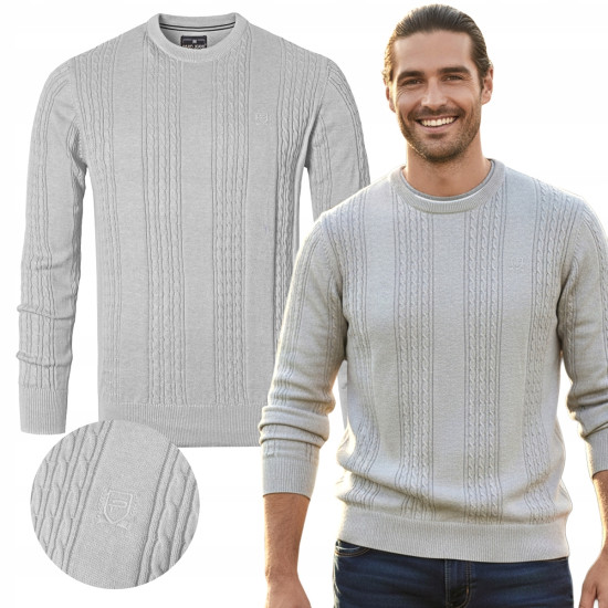 Elegancki SWETER Męski Bawełniany FLINT SZARY Warkoczowy Splot Pako Jeans