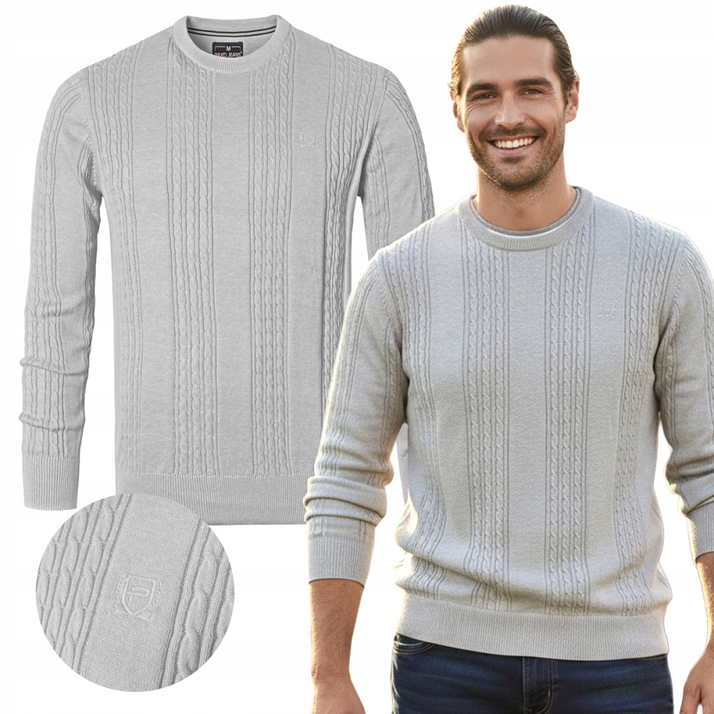 Elegancki SWETER Męski Bawełniany FLINT SZARY Warkoczowy Splot Pako Jeans