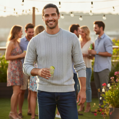 Elegancki SWETER Męski Bawełniany FLINT SZARY Warkoczowy Splot Pako Jeans