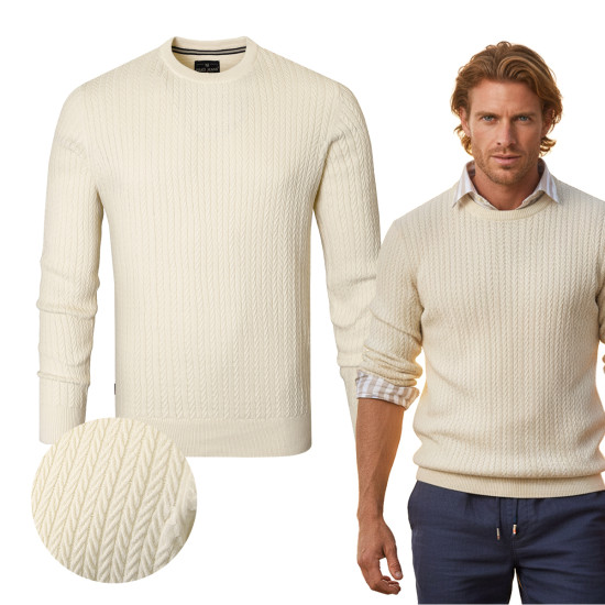Elegancki SWETER Męski Bawełniany NICO KREMOWY Warkoczowy Splot Pako Jeans - Pakojeans.pl