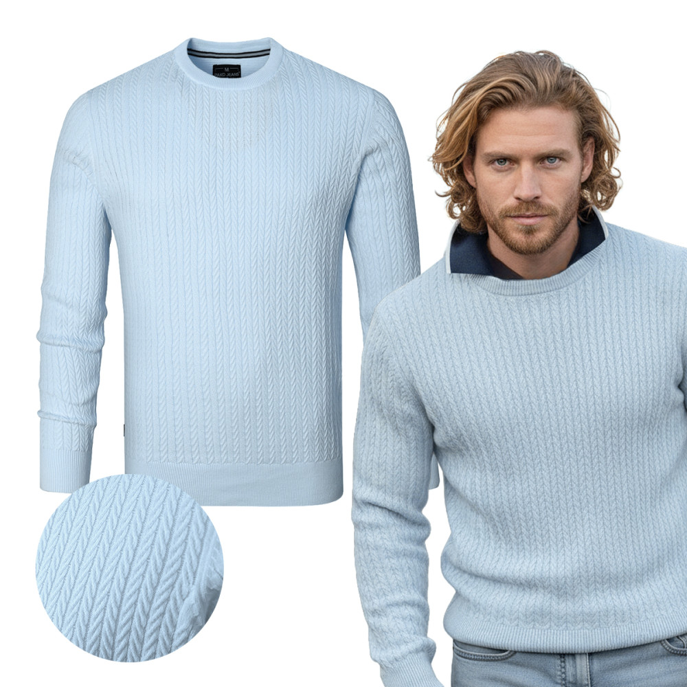 Elegancki SWETER Męski Bawełniany NICO BŁĘKITNY Warkoczowy Splot Pako Jeans - Pakojeans.pl