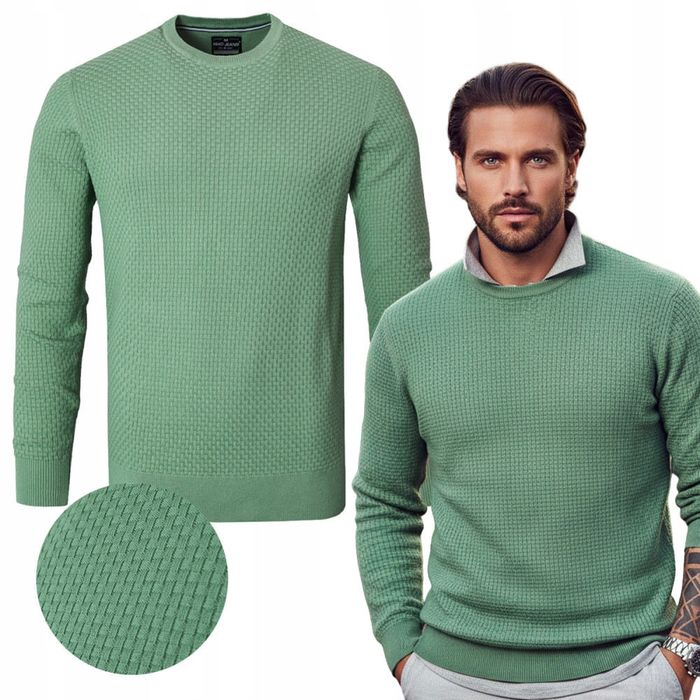 Elegancki SWETER Męski Klasyczny LOOP ZIELONY Bawełniany Pako Jeans - Pakojeans.pl