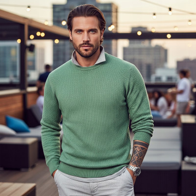 Elegancki SWETER Męski Klasyczny LOOP ZIELONY Bawełniany Pako Jeans - Pakojeans.pl