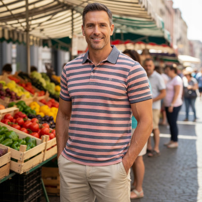 POLO Koszulka Męska Bawełniana JACKSON MORELOWO-GRANATOWA w Paski Pako Jeans - Pakojeans.pl