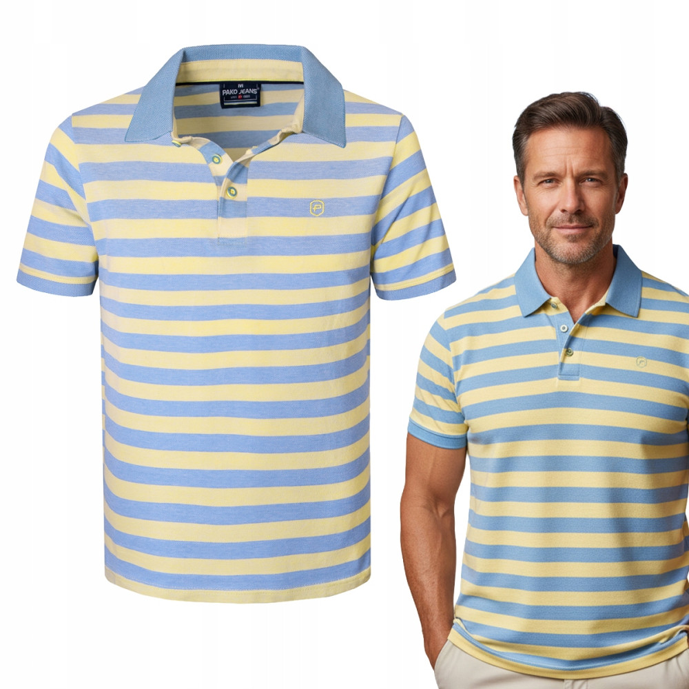 POLO Koszulka Męska Bawełniana JACKSON ŻÓŁTO-NIEBIESKA w Paski Pako Jeans - Pakojeans.pl