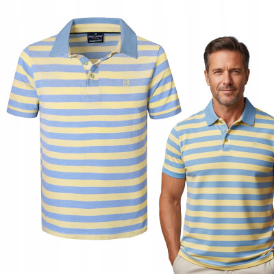 POLO Koszulka Męska Bawełniana JACKSON ŻÓŁTO-NIEBIESKA w Paski Pako Jeans - Pakojeans.pl