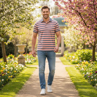 POLO Koszulka Męska Bawełniana JACKSON MORELOWO-GRANATOWA w Paski Pako Jeans - Pakojeans.pl