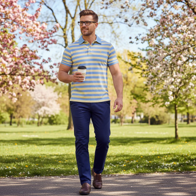 POLO Koszulka Męska Bawełniana JACKSON ŻÓŁTO-NIEBIESKA w Paski Pako Jeans - Pakojeans.pl