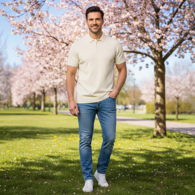 POLO Dzianinowe Koszulka Męska ECRU Bawełniana RIOS Pako Jeans - Pakojeans.pl