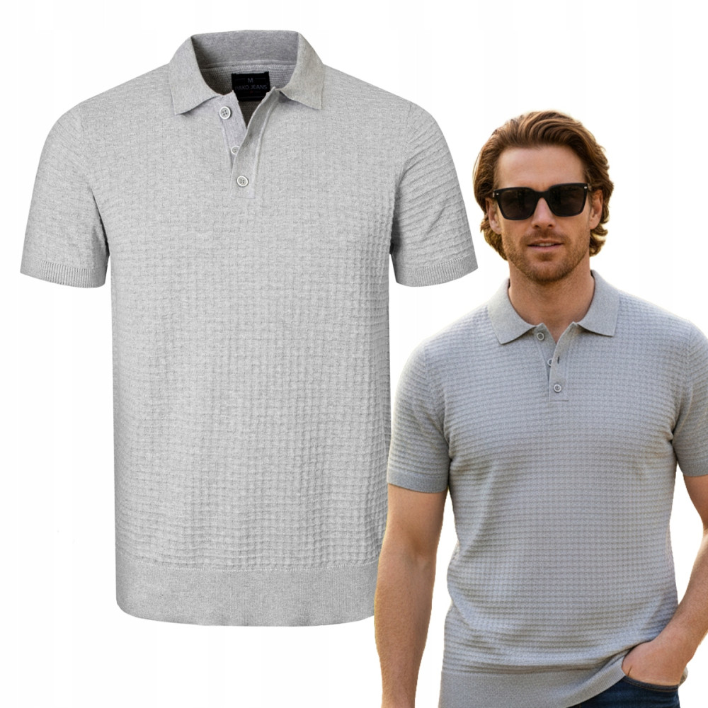 POLO Dzianinowe Koszulka Męska JASNOSZARA Bawełniana TING Pako Jeans - Pakojeans.pl