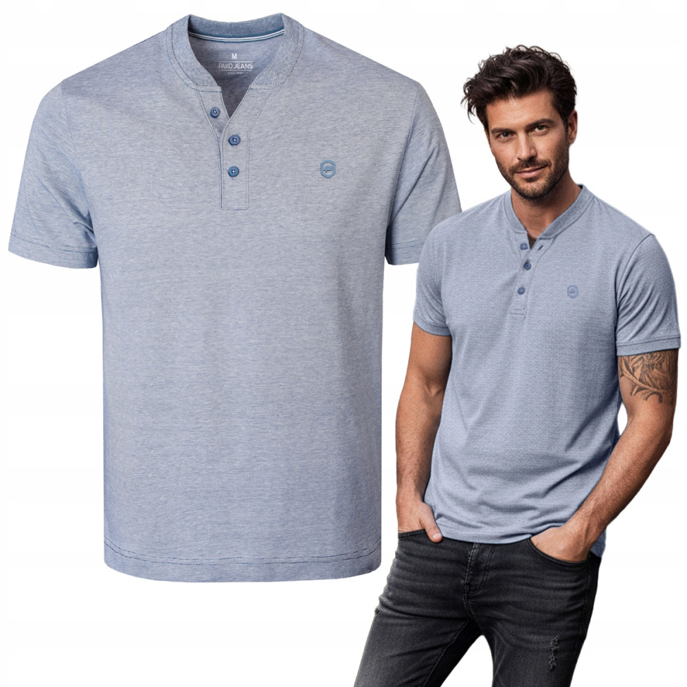 T-SHIRT Męski Koszulka w Serek SZARONIEBIESKI Bawełna TOTAIL Pako Jeans - Pakojeans.pl