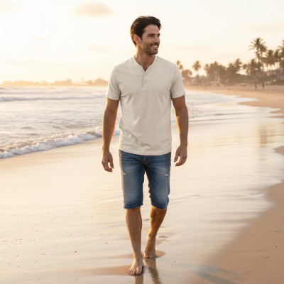 T-SHIRT Męski Koszulka w Serek JASNOBEŻOWY Bawełna TOTAIL Pako Jeans - Pakojeans.pl