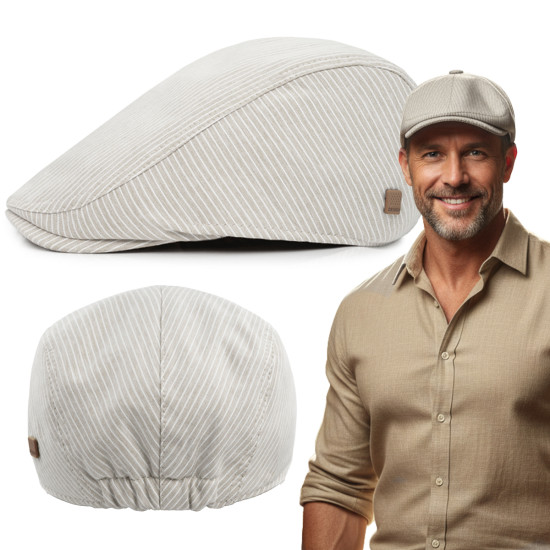 KASZKIET Męski Bawełniany na Lato Czapka w Paski 10020-1 JASNOBEŻOWY - Pakojeans.pl