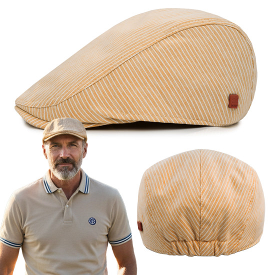 KASZKIET Męski Bawełniany na Lato Czapka w Paski 10020-4 JASNOBRĄZOWY - Pakojeans.pl