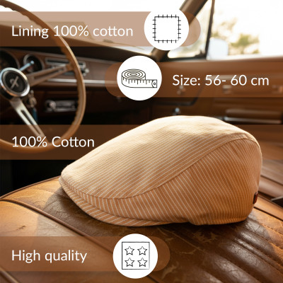 KASZKIET Męski Bawełniany na Lato Czapka w Paski 10020-4 JASNOBRĄZOWY - Pakojeans.pl