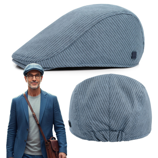 KASZKIET Męski Bawełniany na Lato Czapka w Paski 10020-5 NIEBIESKI - Pakojeans.pl