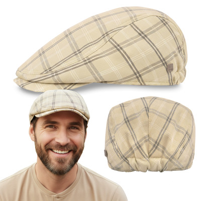 KASZKIET Męski Bawełniany na Lato Czapka w Kratę Casual 10030-1 JASNOBEŻOWY - Pakojeans.pl