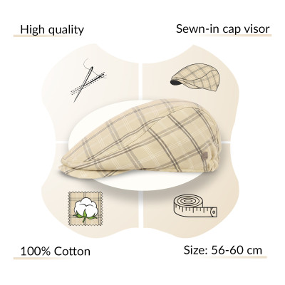 KASZKIET Męski Bawełniany na Lato Czapka w Kratę Casual 10030-1 JASNOBEŻOWY - Pakojeans.pl