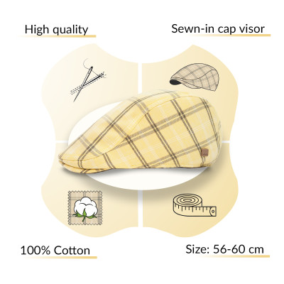 KASZKIET Męski Bawełniany na Lato Czapka w Kratę Casual 10030-2 ŻÓŁTY - Pakojeans.pl