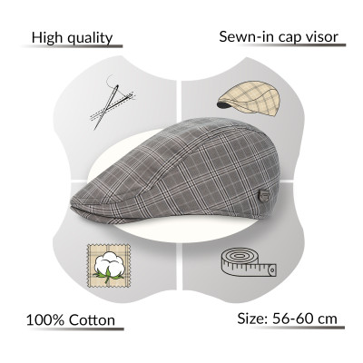 KASZKIET Męski Bawełniany na Lato Czapka w Kratkę 10040-3 SZARY - Pakojeans.pl