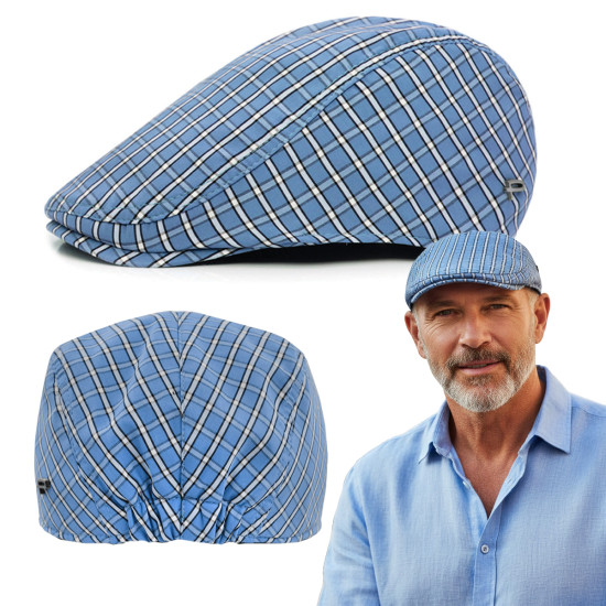 KASZKIET Męski Bawełniany na Lato Czapka w Kratę Cienki 10050-3 NIEBIESKI - Pakojeans.pl