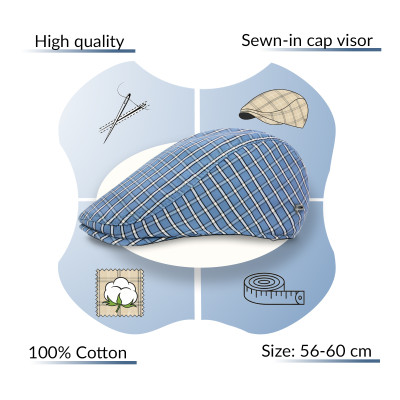 KASZKIET Męski Bawełniany na Lato Czapka w Kratę Cienki 10050-3 NIEBIESKI - Pakojeans.pl