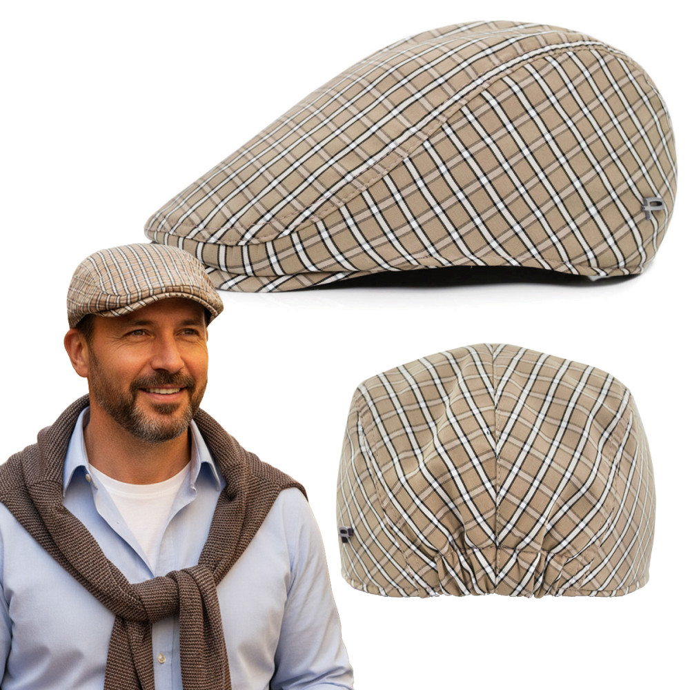 KASZKIET Męski Bawełniany na Lato Czapka w Kratę Cienki 10050-4 BEŻOWY - Pakojeans.pl