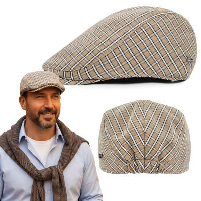 KASZKIET Męski Bawełniany na Lato Czapka w Kratę Cienki 10050-4 BEŻOWY - Pakojeans.pl