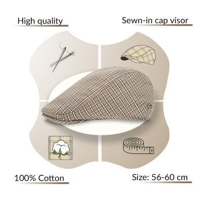 KASZKIET Męski Bawełniany na Lato Czapka w Kratę Cienki 10050-4 BEŻOWY - Pakojeans.pl