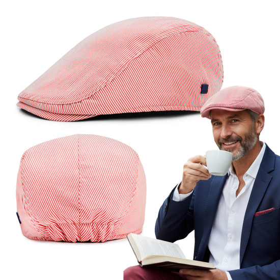 KASZKIET Męski Bawełniany na Lato Czapka w Paseczki 10090-1 CZERWONY - Pakojeans.pl