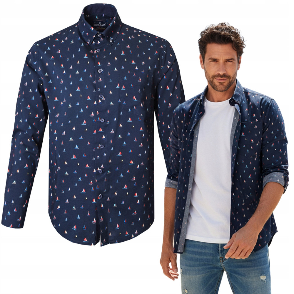 KOSZULA Męska z Długim Rękawem FLAGO Bawełniana z WISKOZĄ Regular Fit Pako Jeans - Pakojeans.pl