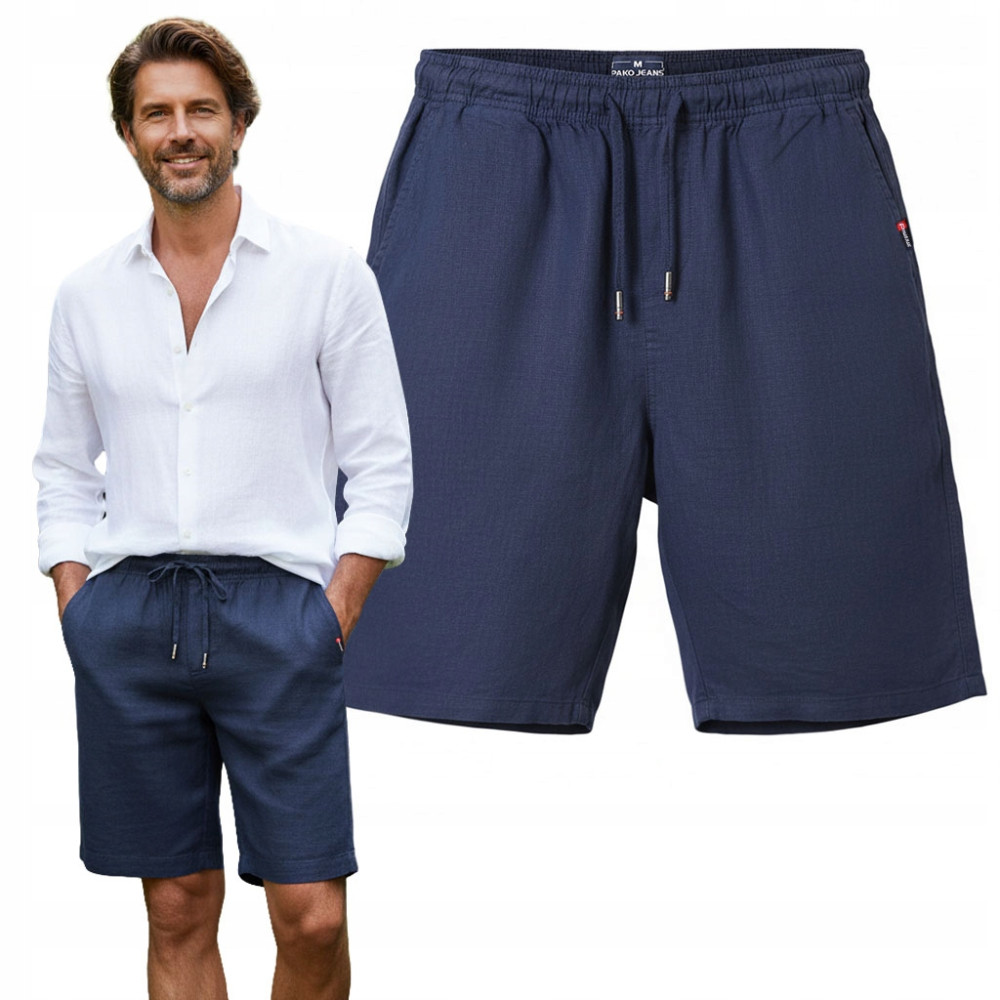 SZORTY Spodenki LNIANE Męskie z Wiskozą na Lato TAPE GRANATOWE Pako Jeans - Pakojeans.pl