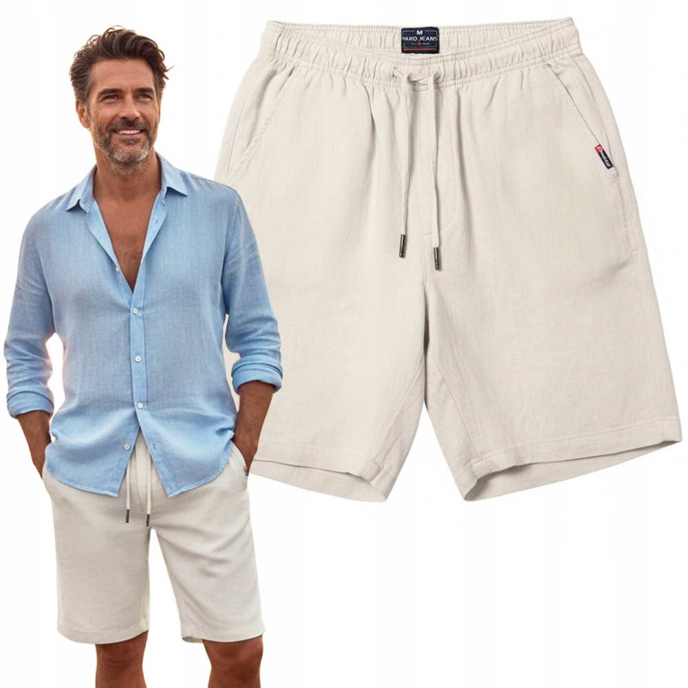 SZORTY Spodenki LNIANE Męskie z Wiskozą na Lato TAPE BEŻOWE Pako Jeans - Pakojeans.pl