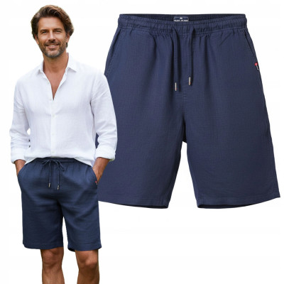 SZORTY Spodenki LNIANE Męskie z Wiskozą na Lato TAPE GRANATOWE Pako Jeans - Pakojeans.pl