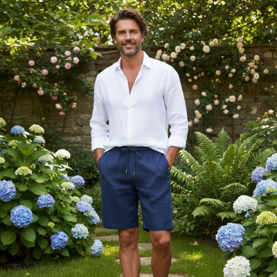 SZORTY Spodenki LNIANE Męskie z Wiskozą na Lato TAPE GRANATOWE Pako Jeans - Pakojeans.pl